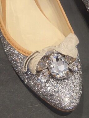 Miu Miu Silver Glitter Pointed Flat with Crystal Bow $386